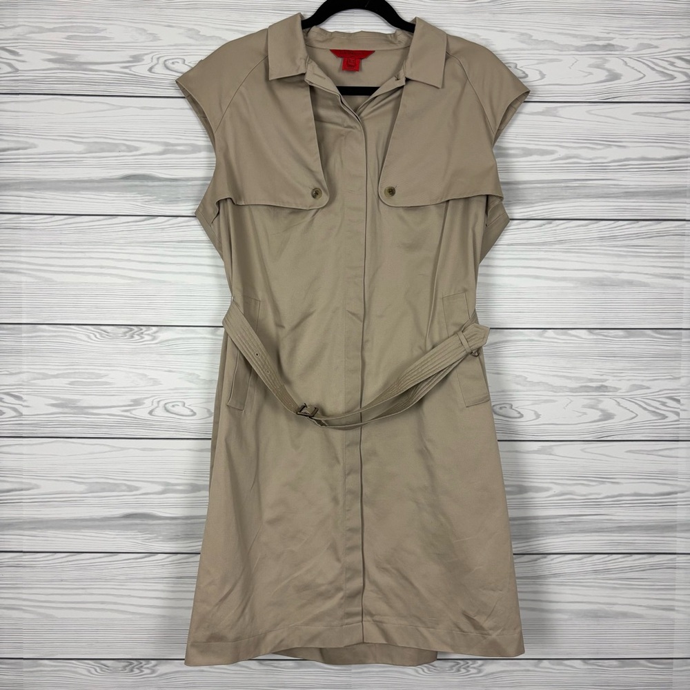 L.K. Bennett London Lapel Cotton Poplin Belted Dress Size 12 Tan